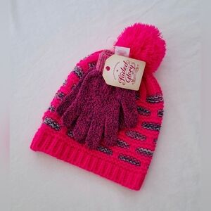 Girl's Faded Glory Pink Blue Grey Knit Hat Pom & Glove Set